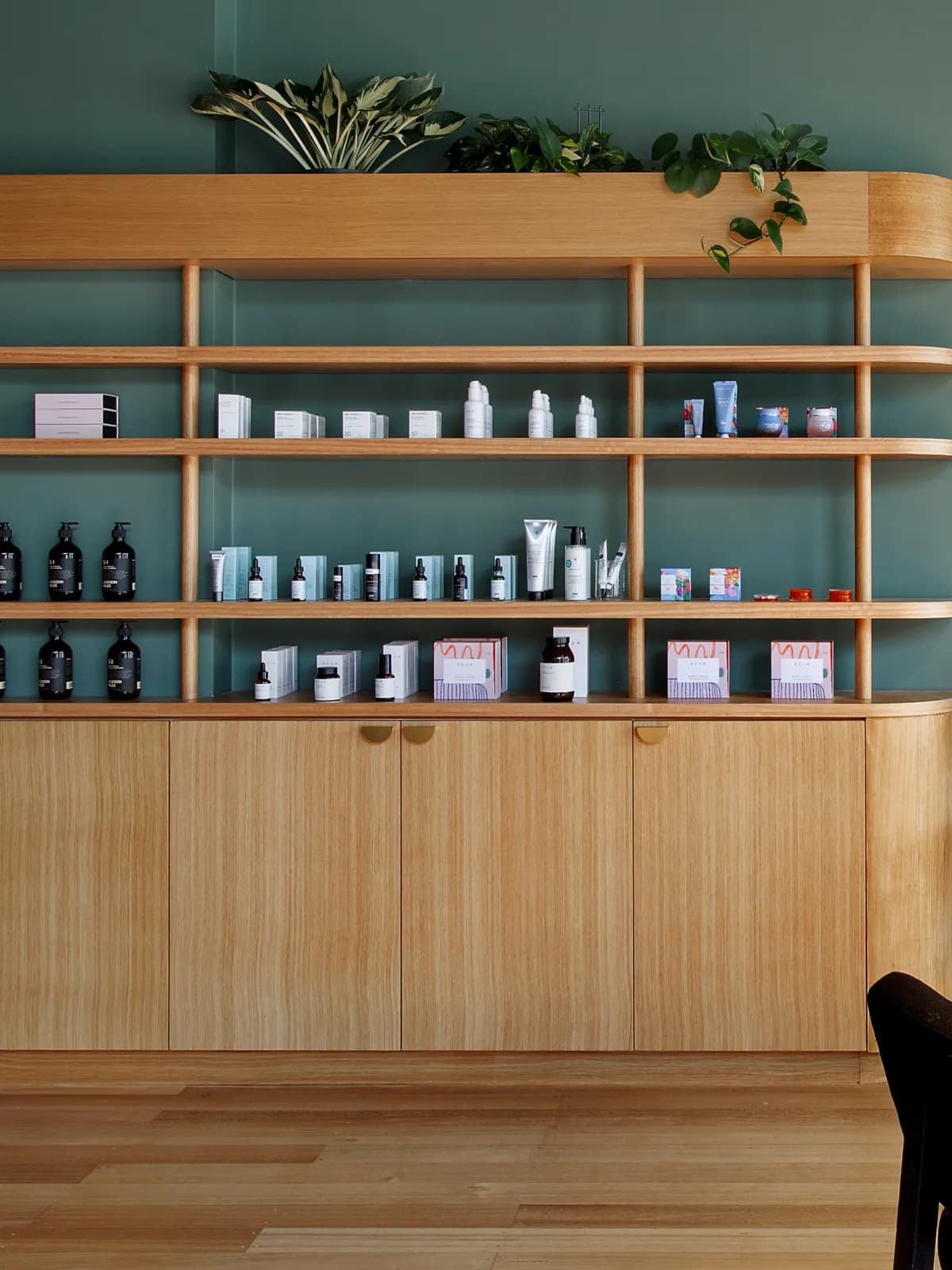  image of the wooden shelves inside astrid dispensary Melbourne