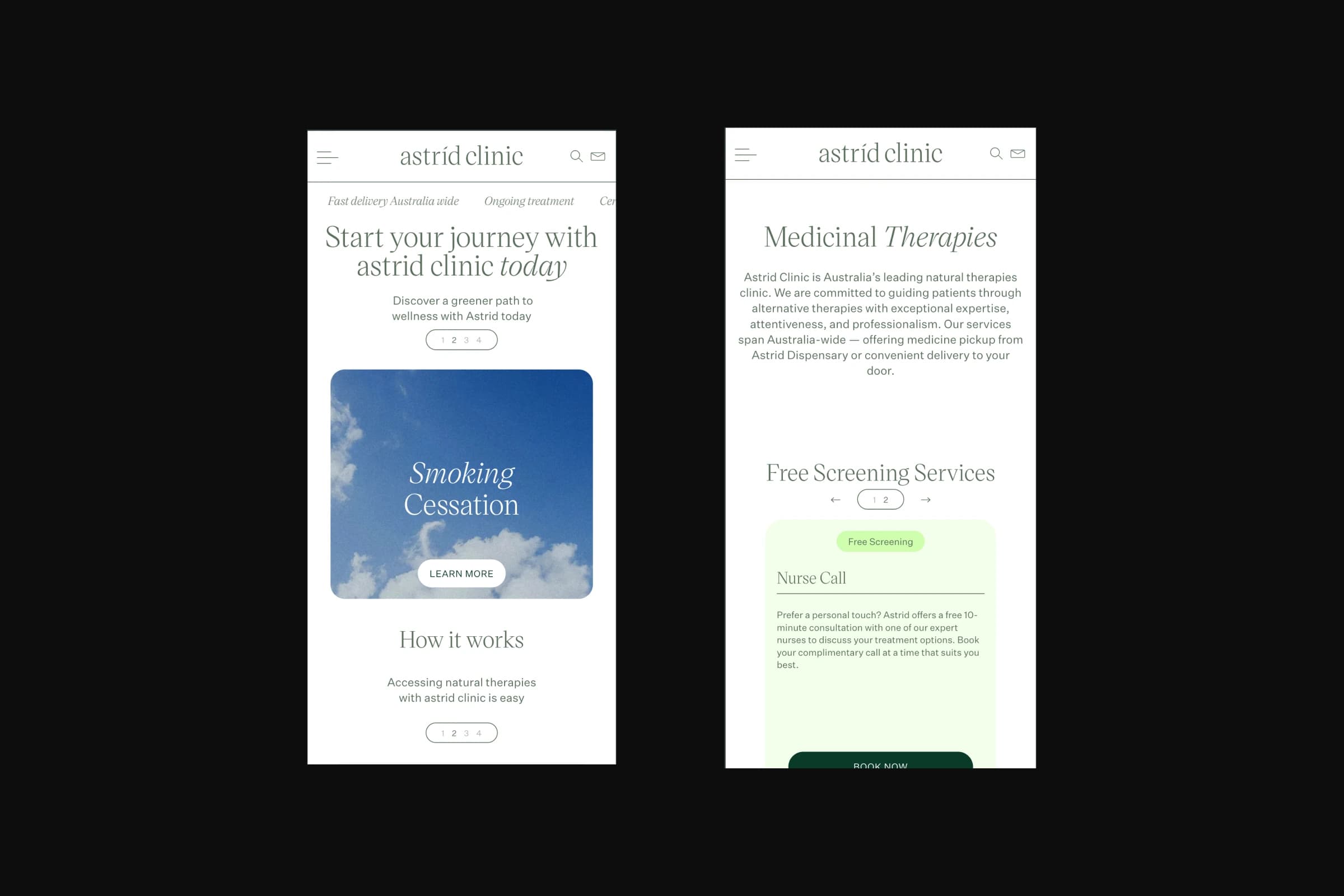 Two screenshots of the astrid clinic mobile website on a black background