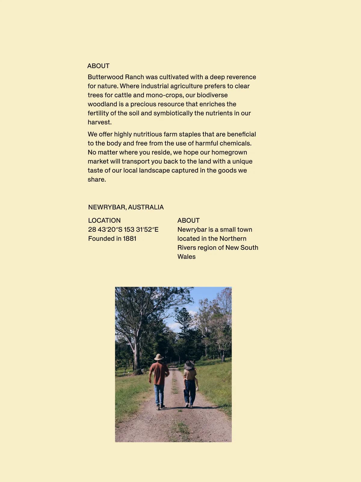 Text and an image of two people walking down a farm road that shows how the about Butterwood ranch page looks