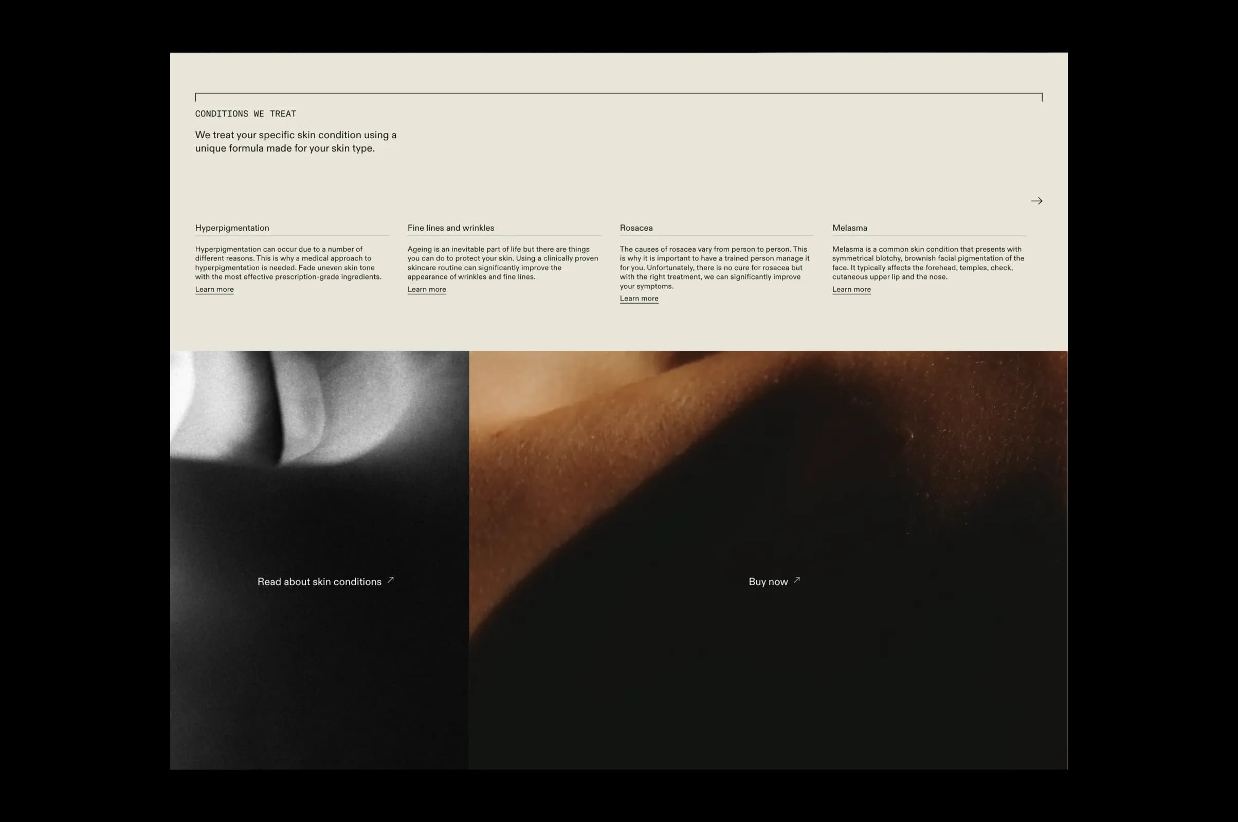 A screen shot showing part of the home page of the prescription skin site