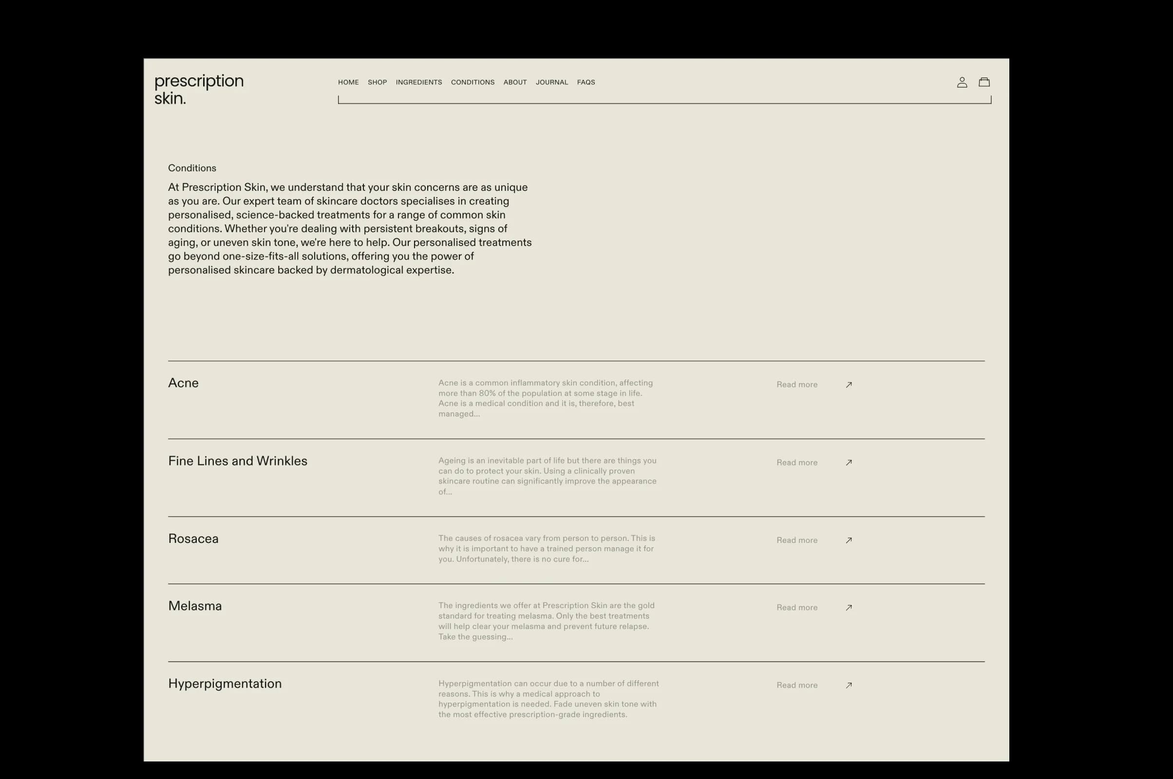 A screen shot showing part of the conditions page of the prescription skin site